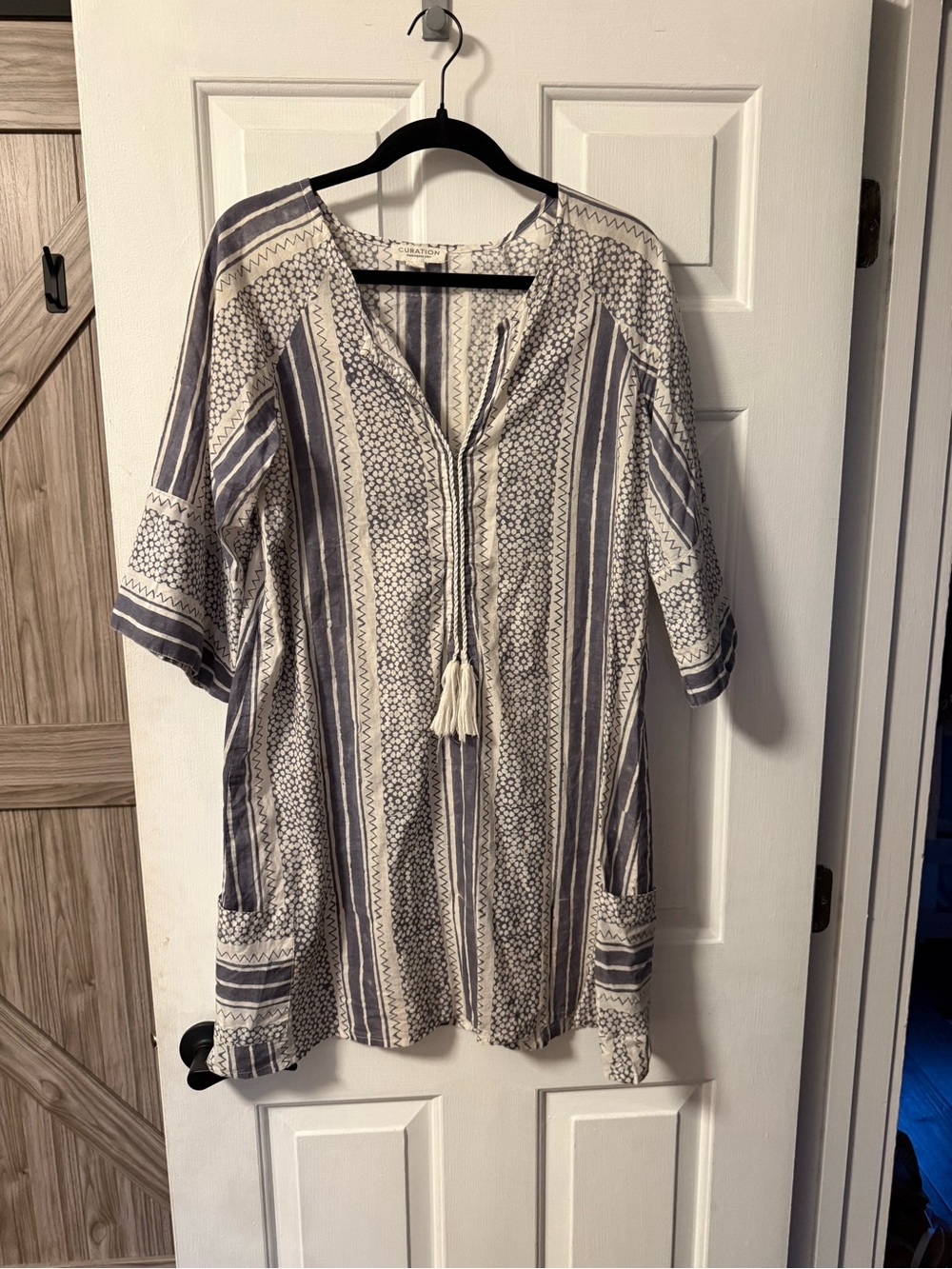 Curation by Emerson Fry Emerson Short Caftan in the Ink Organic print, one size.